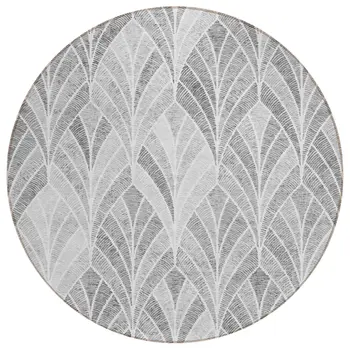 8' Gray Charcoal And Ivory Round Geometric Washable Indoor Outdoor Area Rug