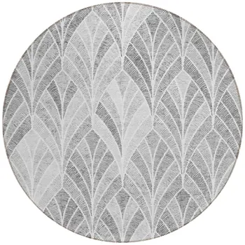 8' Gray Charcoal And Ivory Round Geometric Washable Indoor Outdoor Area Rug