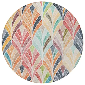 8' Orange Copper And Gold Round Geometric Washable Indoor Outdoor Area Rug