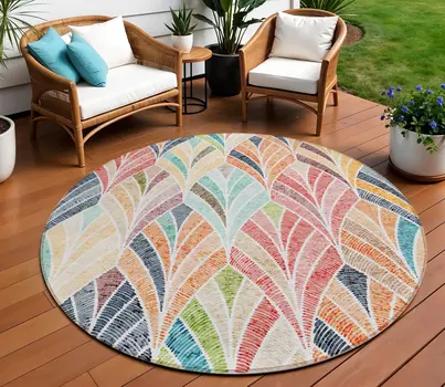 8' Orange Copper And Gold Round Geometric Washable Indoor Outdoor Area Rug