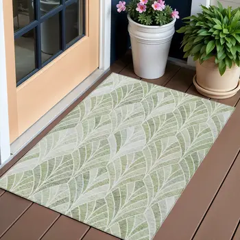 3' X 5' Sage Artichoke Green And Mint Green Geometric Washable Indoor Outdoor Area Rug