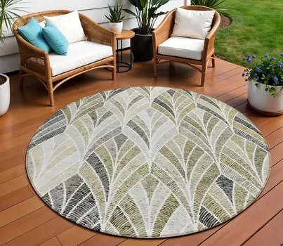 8' Taupe Ivory And Brown Round Geometric Washable Indoor Outdoor Area Rug