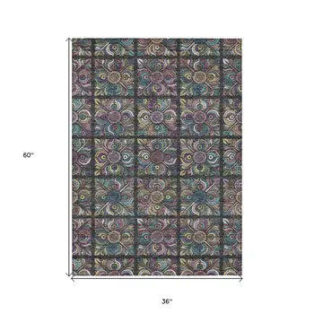 3' X 5' Black Purple And Teal Blue Medallion Washable Indoor Outdoor Area Rug
