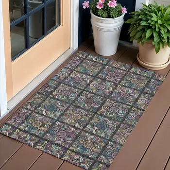 3' X 5' Black Purple And Teal Blue Medallion Washable Indoor Outdoor Area Rug