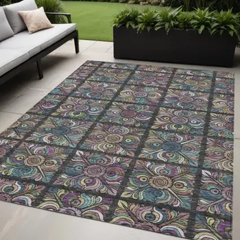 5' X 8' Black Purple And Teal Blue Medallion Washable Indoor Outdoor Area Rug