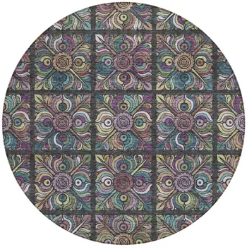 8' Black Purple And Teal Blue Round Medallion Washable Indoor Outdoor Area Rug