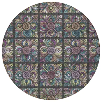 8' Black Purple And Teal Blue Round Medallion Washable Indoor Outdoor Area Rug
