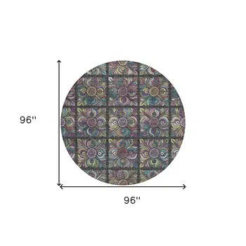 8' Black Purple And Teal Blue Round Medallion Washable Indoor Outdoor Area Rug