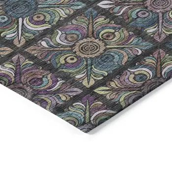9' X 12' Black Purple And Teal Blue Medallion Washable Indoor Outdoor Area Rug