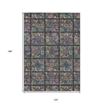 10' X 14' Black Purple And Teal Blue Medallion Washable Indoor Outdoor Area Rug
