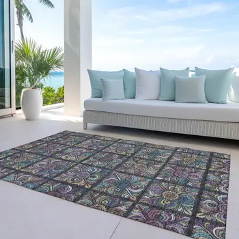 10' X 14' Black Purple And Teal Blue Medallion Washable Indoor Outdoor Area Rug