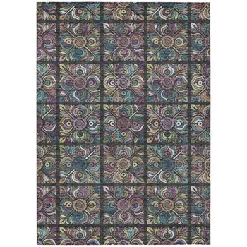 10' X 14' Black Purple And Teal Blue Medallion Washable Indoor Outdoor Area Rug