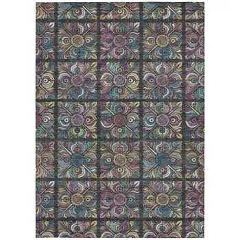 10' X 14' Black Purple And Teal Blue Medallion Washable Indoor Outdoor Area Rug