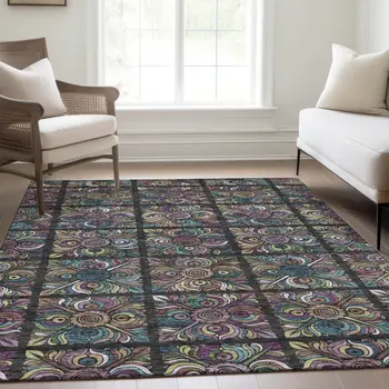 10' X 14' Black Purple And Teal Blue Medallion Washable Indoor Outdoor Area Rug