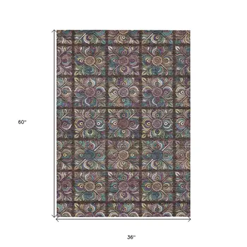 3' X 5' Chocolate Purple And Teal Blue Medallion Washable Indoor Outdoor Area Rug