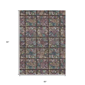 5' X 8' Chocolate Purple And Teal Blue Medallion Washable Indoor Outdoor Area Rug