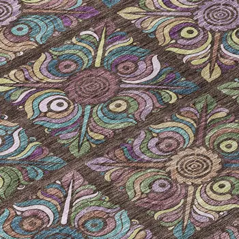 8' Chocolate Purple And Teal Blue Round Medallion Washable Indoor Outdoor Area Rug