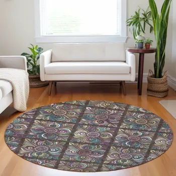 8' Chocolate Purple And Teal Blue Round Medallion Washable Indoor Outdoor Area Rug