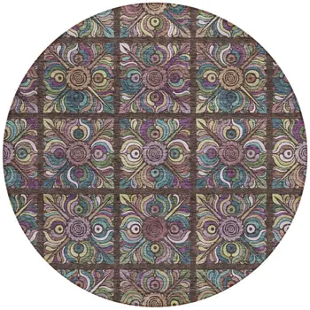 8' Chocolate Purple And Teal Blue Round Medallion Washable Indoor Outdoor Area Rug
