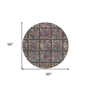 8' Chocolate Purple And Teal Blue Round Medallion Washable Indoor Outdoor Area Rug