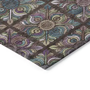 8' X 10' Chocolate Purple And Teal Blue Medallion Washable Indoor Outdoor Area Rug