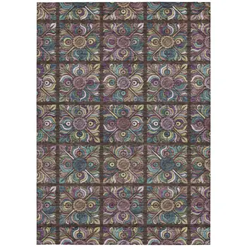 8' X 10' Chocolate Purple And Teal Blue Medallion Washable Indoor Outdoor Area Rug