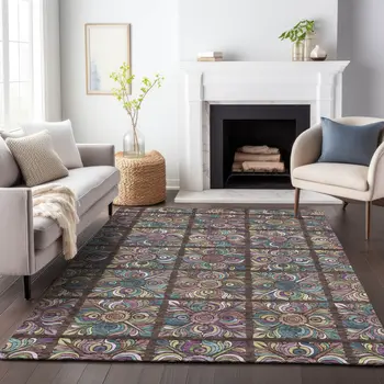 8' X 10' Chocolate Purple And Teal Blue Medallion Washable Indoor Outdoor Area Rug