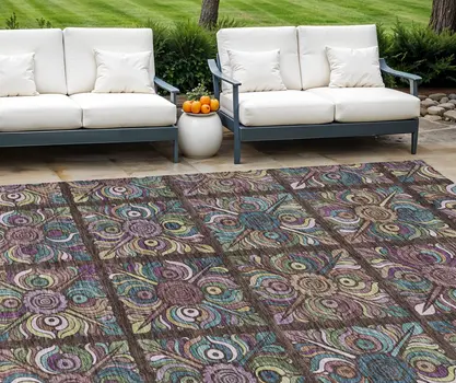 9' X 12' Chocolate Purple And Teal Blue Medallion Washable Indoor Outdoor Area Rug