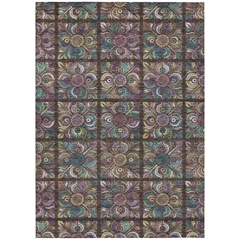 9' X 12' Chocolate Purple And Teal Blue Medallion Washable Indoor Outdoor Area Rug