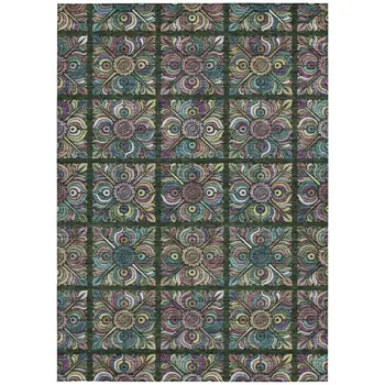 3' X 5' Fern Green Purple And Teal Blue Medallion Washable Indoor Outdoor Area Rug