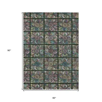 5' X 8' Fern Green Purple And Teal Blue Medallion Washable Indoor Outdoor Area Rug
