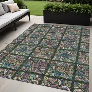 5' X 8' Fern Green Purple And Teal Blue Medallion Washable Indoor Outdoor Area Rug
