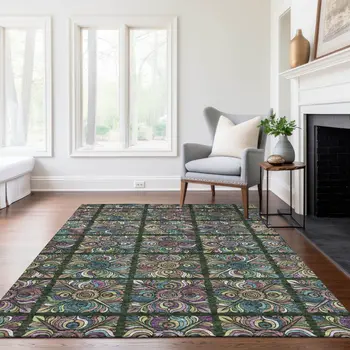 5' X 8' Fern Green Purple And Teal Blue Medallion Washable Indoor Outdoor Area Rug