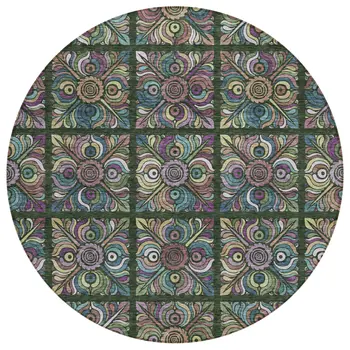 8' Fern Green Purple And Teal Blue Round Medallion Washable Indoor Outdoor Area Rug