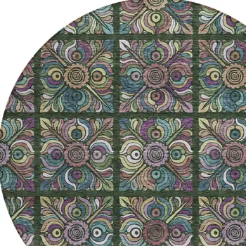 8' Fern Green Purple And Teal Blue Round Medallion Washable Indoor Outdoor Area Rug