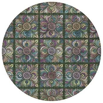 8' Fern Green Purple And Teal Blue Round Medallion Washable Indoor Outdoor Area Rug