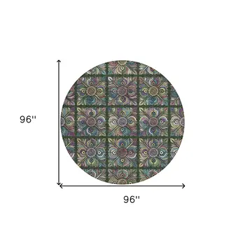 8' Fern Green Purple And Teal Blue Round Medallion Washable Indoor Outdoor Area Rug