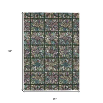 8' X 10' Fern Green Purple And Teal Blue Medallion Washable Indoor Outdoor Area Rug