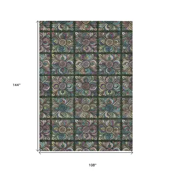9' X 12' Fern Green Purple And Teal Blue Medallion Washable Indoor Outdoor Area Rug