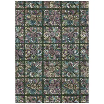 9' X 12' Fern Green Purple And Teal Blue Medallion Washable Indoor Outdoor Area Rug