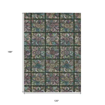 10' X 14' Fern Green Purple And Teal Blue Medallion Washable Indoor Outdoor Area Rug