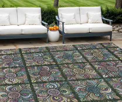 10' X 14' Fern Green Purple And Teal Blue Medallion Washable Indoor Outdoor Area Rug