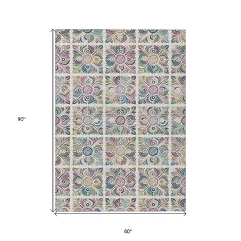 5' X 8' Ivory Purple And Teal Blue Medallion Washable Indoor Outdoor Area Rug
