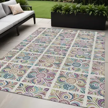 5' X 8' Ivory Purple And Teal Blue Medallion Washable Indoor Outdoor Area Rug