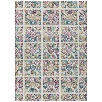 5' X 8' Ivory Purple And Teal Blue Medallion Washable Indoor Outdoor Area Rug