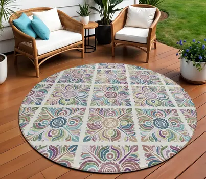 8' Ivory Purple And Teal Blue Round Medallion Washable Indoor Outdoor Area Rug