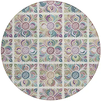 8' Ivory Purple And Teal Blue Round Medallion Washable Indoor Outdoor Area Rug