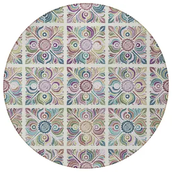 8' Ivory Purple And Teal Blue Round Medallion Washable Indoor Outdoor Area Rug
