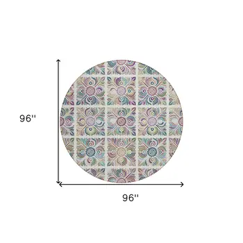 8' Ivory Purple And Teal Blue Round Medallion Washable Indoor Outdoor Area Rug