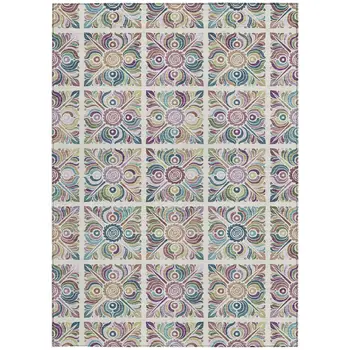 8' X 10' Ivory Purple And Teal Blue Medallion Washable Indoor Outdoor Area Rug
